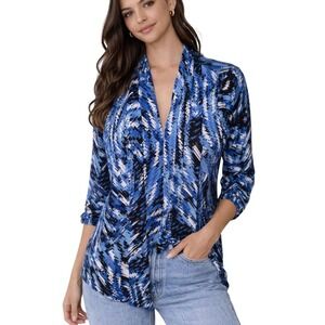 Ellen Tracy Woman 1X Made in USA Blue Abstract Print Open Front Cardigan